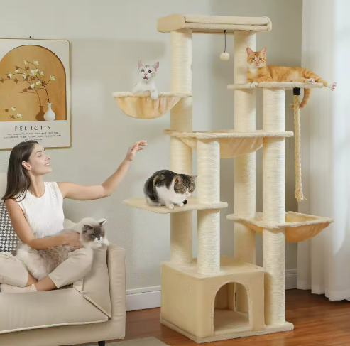 Kwispel-winkel | Luxe Kattenboom 169 cm met Groot Kattenhuis, Hangmatten en 11 Sisal Krabpalen