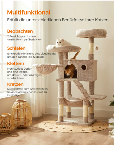 Kwispel-winkel | Kattenboom 135 cm met Kattenhuis, Hangmat en Sisal Krabpalen