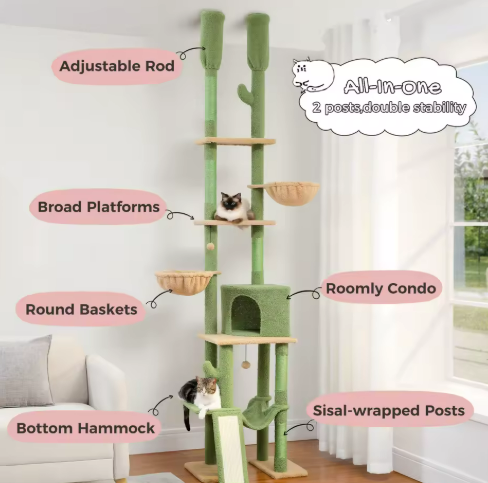 Kwispel-winkel | Vloer-tot-Plafond Kattenboom met Krabpaal, Hangmat en Kattenhuis