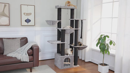 Kwispel-winkel | Luxe Kattenboom 169 cm met Groot Kattenhuis, Hangmatten en 11 Sisal Krabpalen