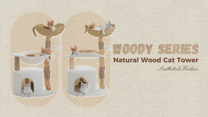 Kwispel-winkel | Moderne Kattenboom met Rotan Mand, Kattenhuis en Massief Houten Krabpalen